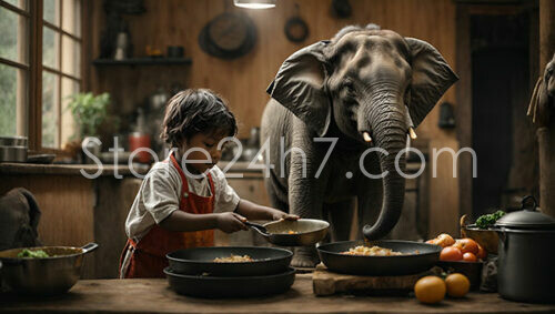 Child and Elephant Cooking Together in Rustic Kitchen