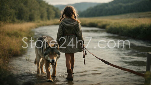 Girl and Wolf Companion Walking by Riverside Wilderness