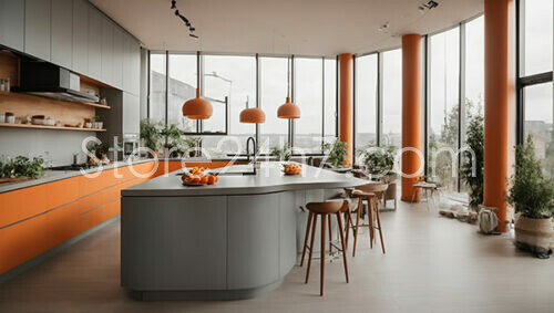 Urban Kitchen with Vibrant Orange Highlights