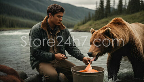 Young Man Feeding Fresh Salmon to Brown Bear