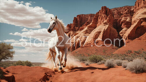 White Horse Galloping through Desert Canyons