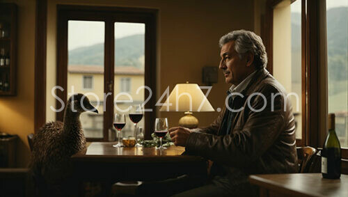 Man and Bird Sharing a Quiet Moment Over Wine