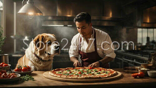 Chef and Saint Bernard Dog Admire Freshly Baked Pizza