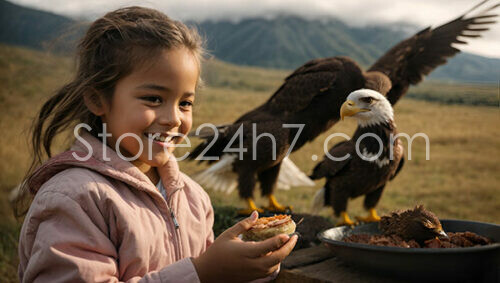 Young Girl Feeding Majestic Bald Eagle Outdoors