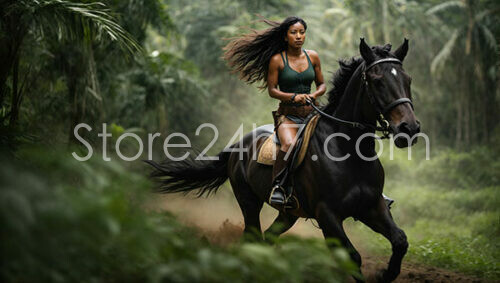Warrior Woman Galloping through Jungle on Horse