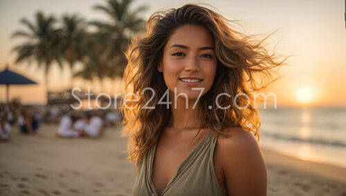 Sunset Beach Glow on Smiling Woman