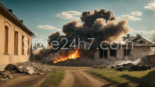 Rural Building Engulfed by Explosion