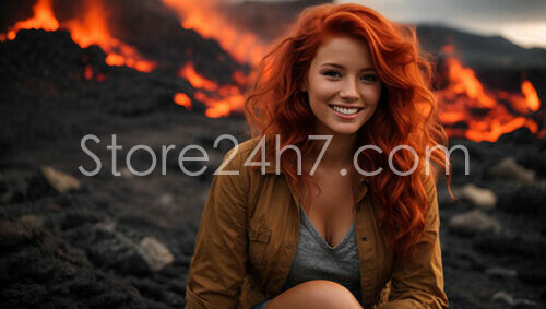 Bright Redhead Against Fiery Volcano