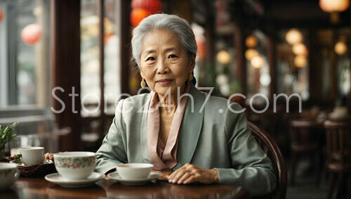 Graceful elderly Asian lady at traditional tea house