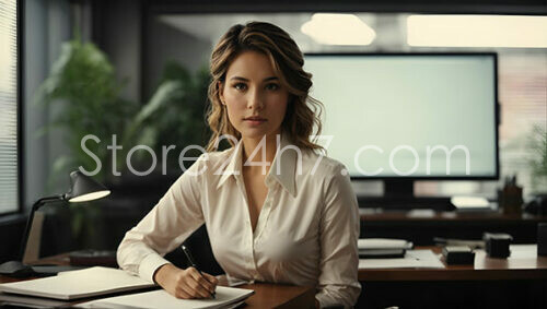 Focused Businesswoman Writing Notes in Modern Office