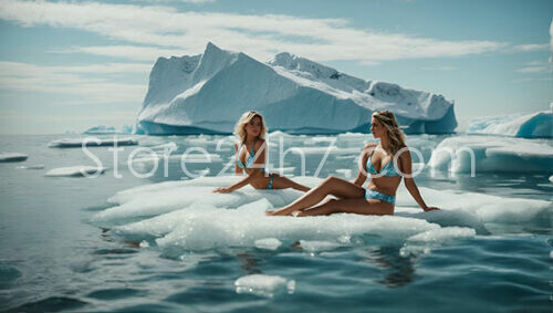 Two Women in Bikinis Sunbathing on Arctic Ice