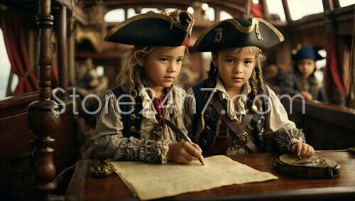 Children Dressed as Pirates Plotting Course on Ship