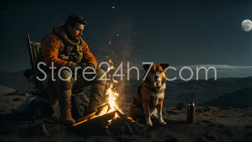 Lone Explorer and Dog by Moonlight Campfire