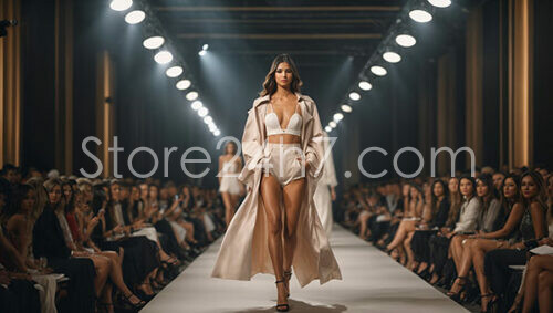 Model walks down runway at high-end fashion show