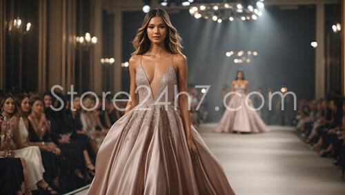 Elegant fashion model in dress at runway show
