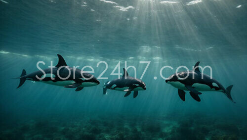 Orcas Glide Through Sunlit Waters