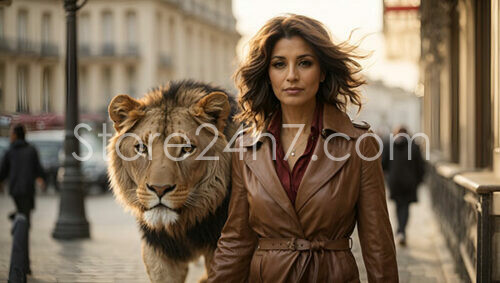 Confident Woman Walking with Lion in City
