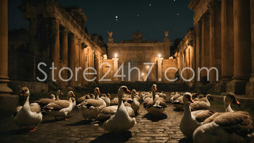 Geese gather in the Forum under the stars