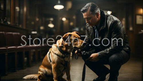 Man Kneeling Beside Service Dog Holding Camera