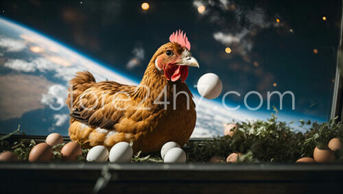 Chicken Laying Eggs in Zero-Gravity Space