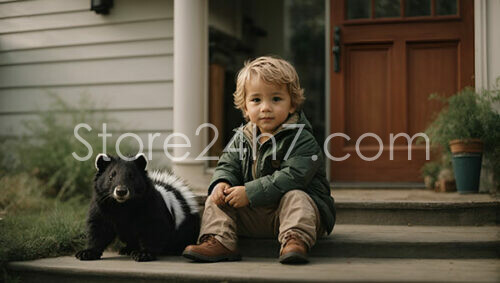 Curious Toddler and Skunk on Front Porch