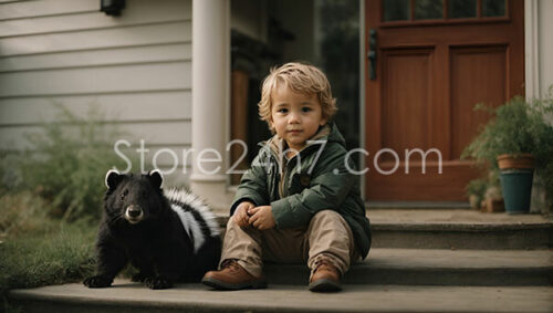 Curious Toddler and Skunk on Front Porch