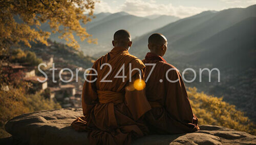 Monks Meditating Mountain Sunset Peace