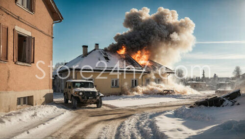 Winter Conflict Scene with Explosion