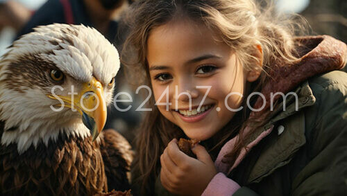 Girl Smiling Close to Bald Eagle in Nature