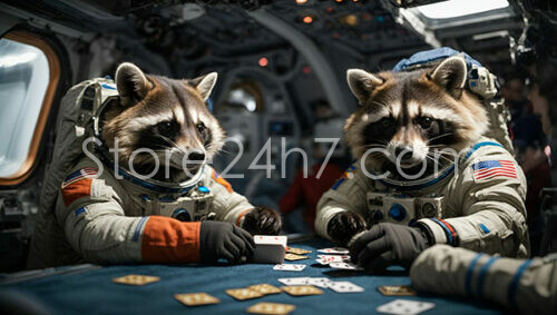 Raccoon Astronauts Playing Cards in Space