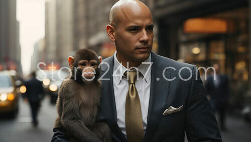 Businessman with Monkey on Shoulder Walking Downtown