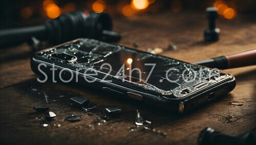 Broken Smartphone on Wooden Surface