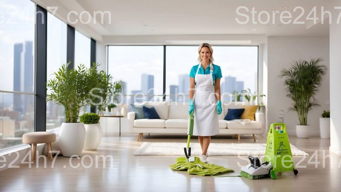Professional Cleaner in High-Rise Apartment