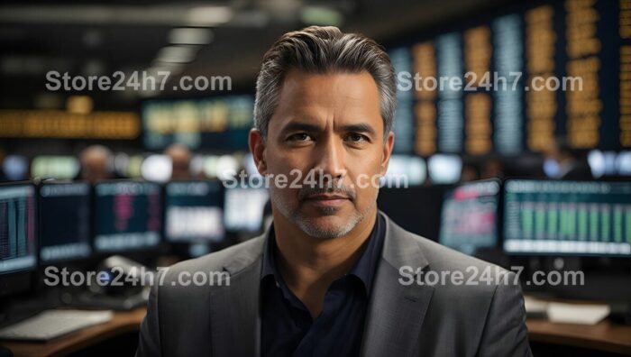 Confident Broker at Financial Command Center