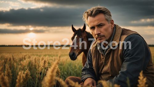 Farmer's Sunset Companionship with Horse