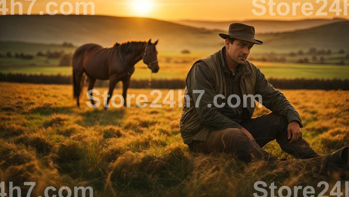Solitary Farmer Sunset Horse Companionship