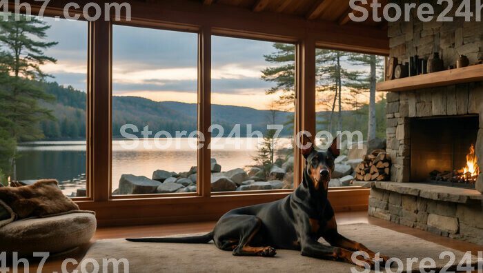 Doberman Relaxing Lakeside Cabin Dusk