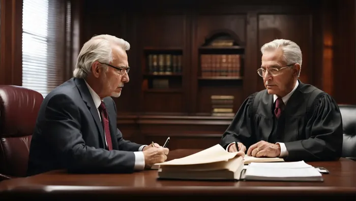 Lawyer Consulting Judge in Courtroom