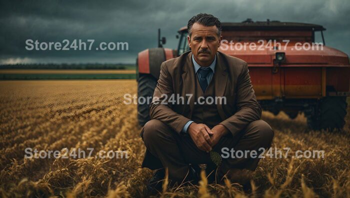 Elegant Farmer Contemplates Harvesting Storm