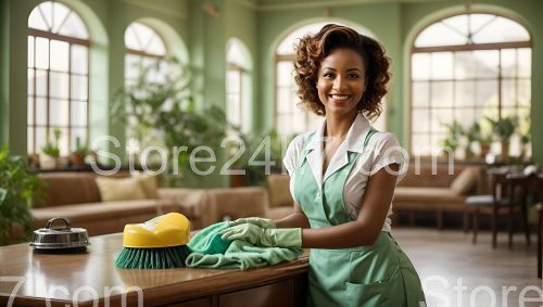 Smiling Cleaner in Green Uniform