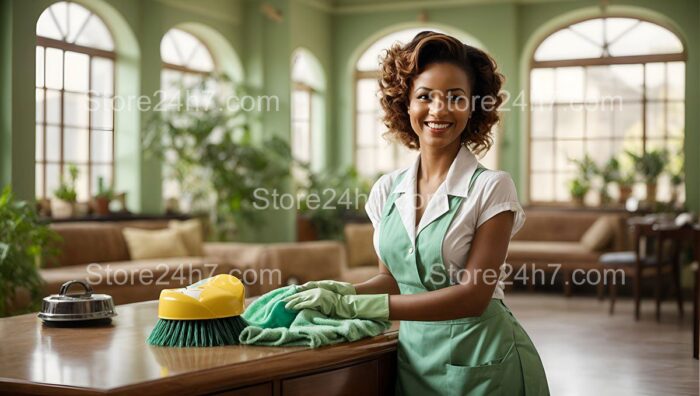 Smiling Cleaner in Green Uniform