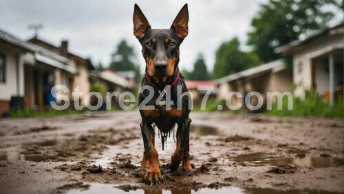 Doberman Stands Strong Rainy Muddy Path