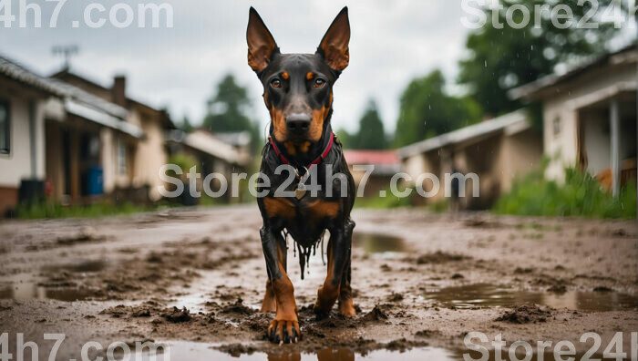 Doberman Stands Strong Rainy Muddy Path