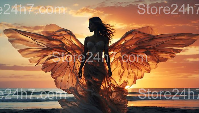 Sunset Silhouette Angel Wings Beach
