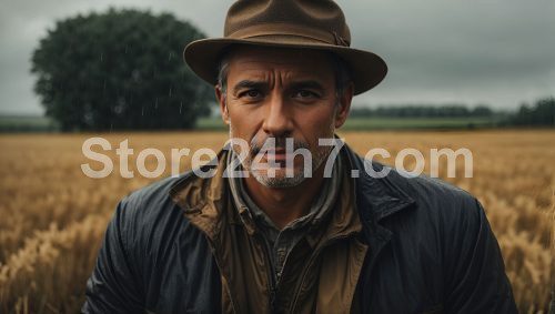 Reflective Farmer Amidst Gentle Rain
