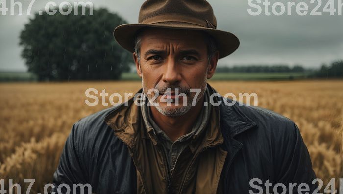 Reflective Farmer Amidst Gentle Rain