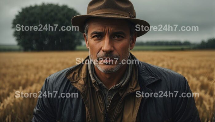 Reflective Farmer Amidst Gentle Rain