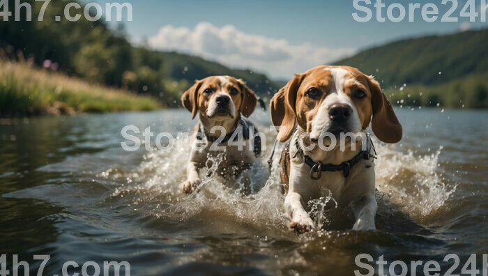 Beagles Splashing Through Water Fun