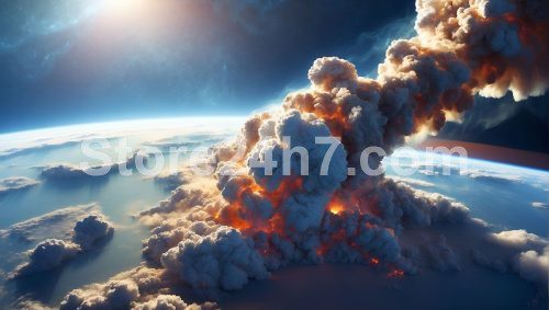 Fiery Asteroid Impact Over Clouds