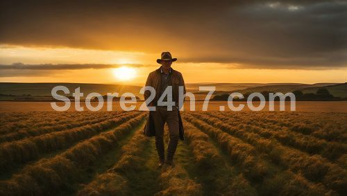 Sunset Silhouette of a Weary Farmer